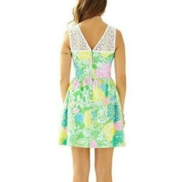 Lilly Pulitzer Raegan Hibiscus Stroll Print Lace Inset Fit & Flare Dress Size 10 - Picture 2 of 10